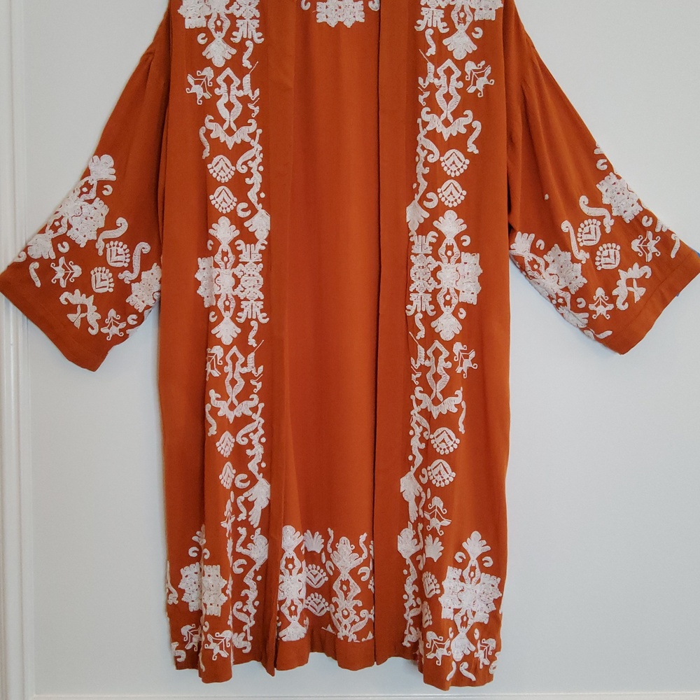 CHICO'S Embroidered Rust Open-Front Kimono Duster - Women